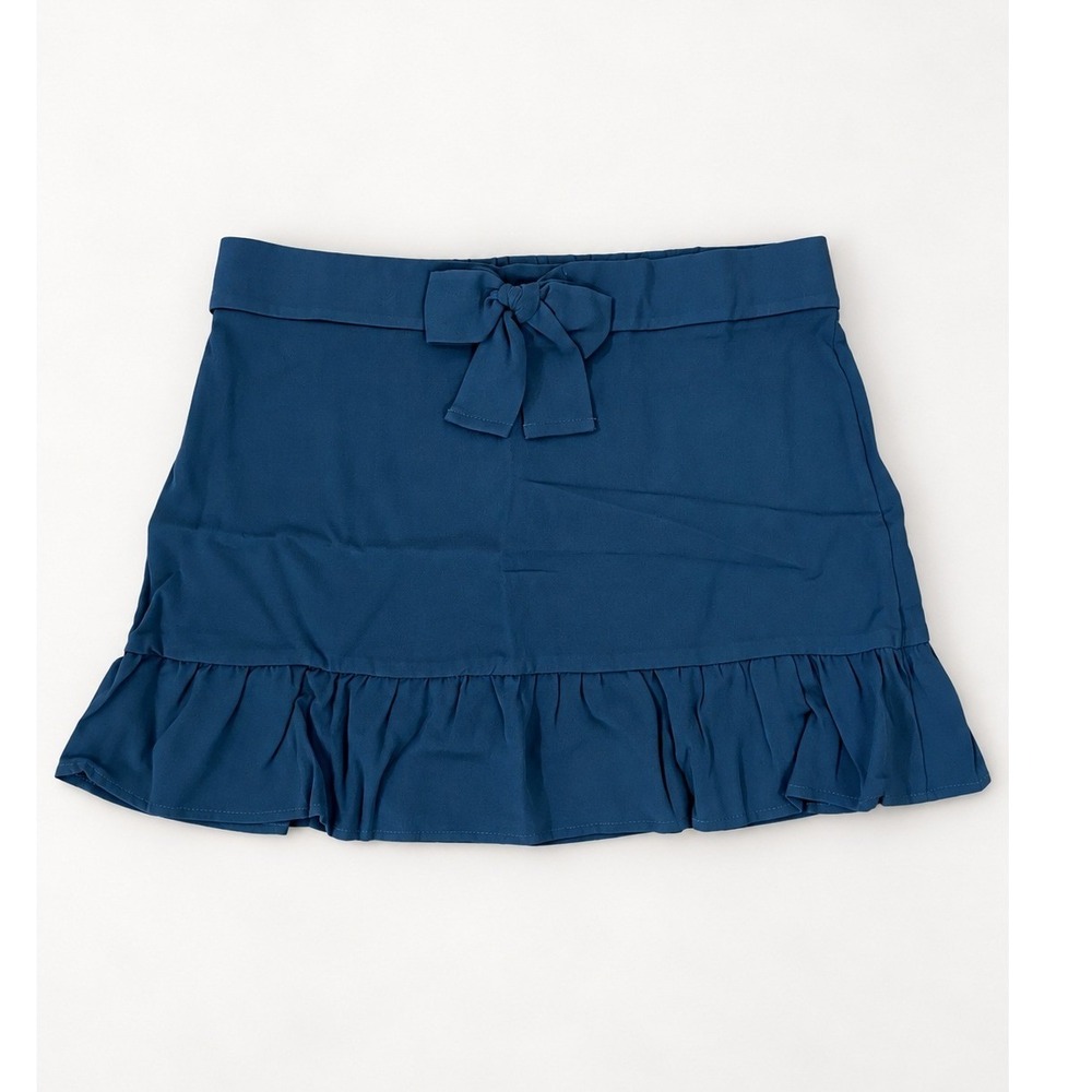 Crown of Hearts Girls Dark Blue Rayon Linen Bow Ruffle Skirt Large New